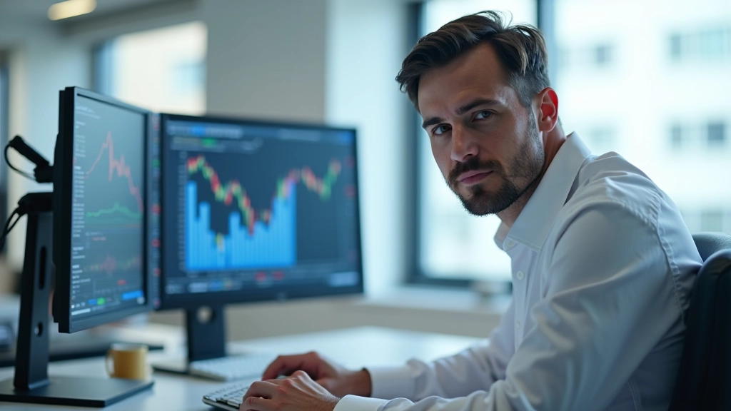 Financial analyst comparing company metrics on dual monitors displaying peer valuation data and multiples spreadsheet